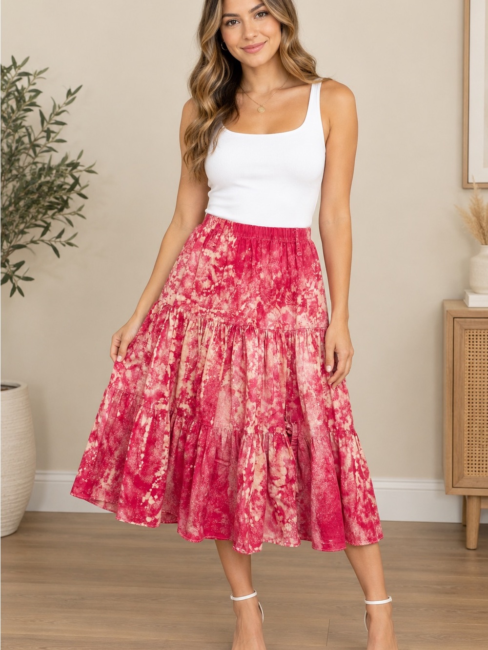 Women's Pinkie Tie-Dye Tiered Midi Skirt with Elastic Waist